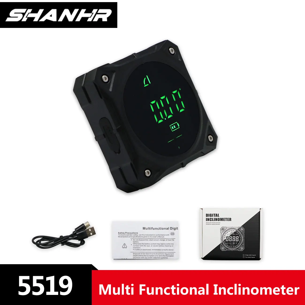 SHANHR Digital Angles Gauges With 2*180° and 4*90°Rechargeable Protractor Bevel Inclinometer for Woodworking Home Decoration
