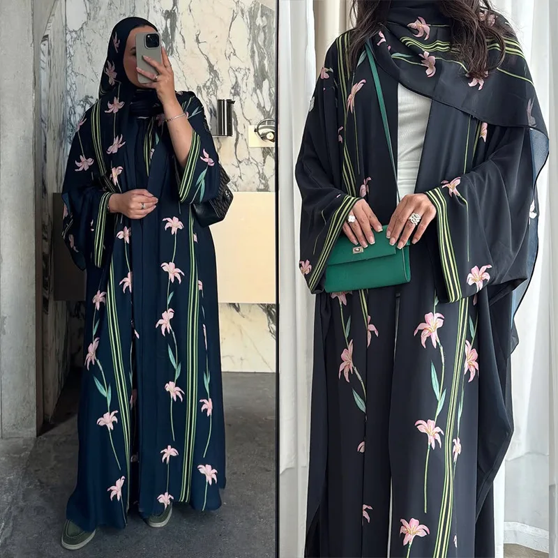 

Abaya Women Muslim Dress Latest Design Dubai Luxury Modest Dress Ramadan Femmes Muslim Robe Lace Open Abaya Two-Piece Muslim Set