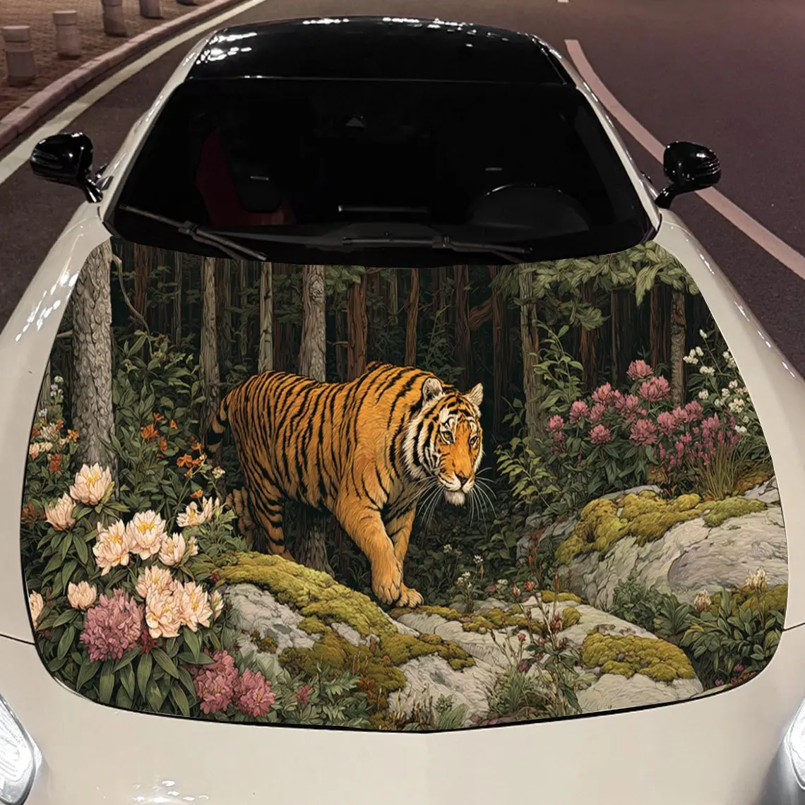 Lush Floral Tiger Car Hood Stickers - Self-Adhesive, Waterproof and Durable Vinyl Wrap, Decorate And Protect Your Car - The Gift