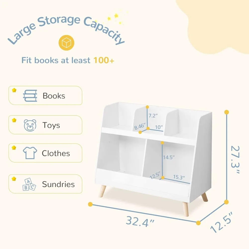 Rak buku anak-anak dan pengatur mainan, tempat buku terbuka kayu 5 Cubbies, Display penyimpanan bayi 2-Tier dengan kaki