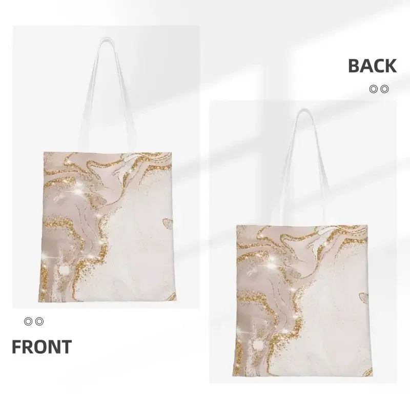 Reusable Gold And Cream Marble Pattern Shopping Bag Women Canvas Shoulder Tote Bag Washable Geometric Groceries Shopper Bags