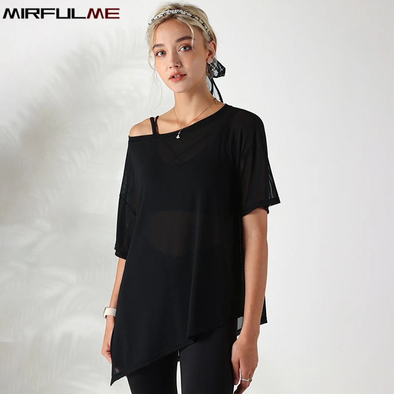 Women Yoga Shirts Thin Loose See-Through Sport Tops Breathable Short Sleeve Running T-shirt Forked Gym Fitness Top Blouse Female