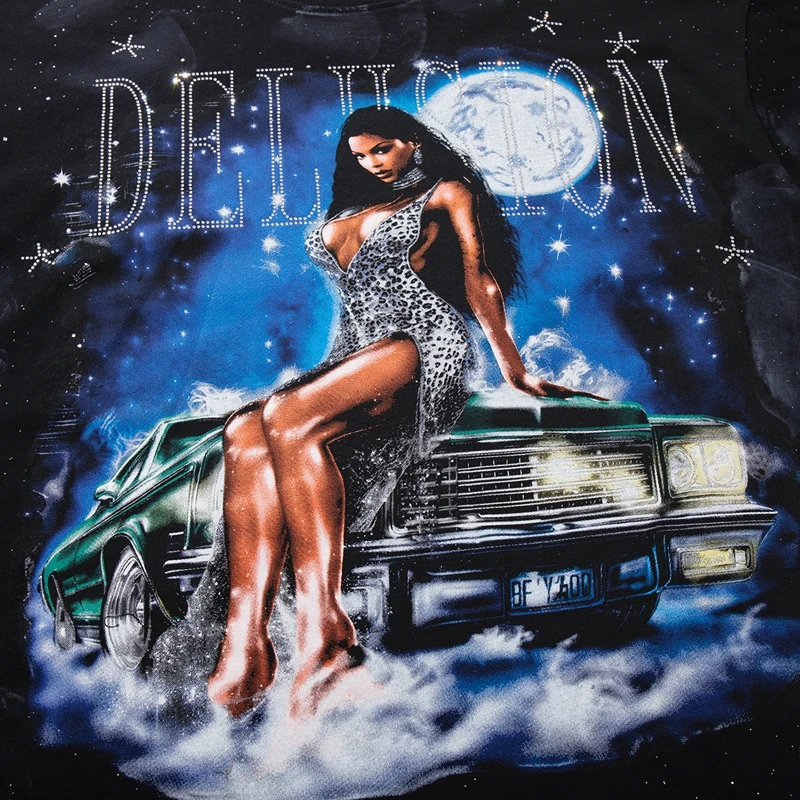 Vintage Schwarzes Graffiti Washed T-Shirt für Herren, Western Glamour Lady Grafik-Top, Oversized Y2K Rap Street T-Shirt, Distressed Kleidung 2026 – Detail 7