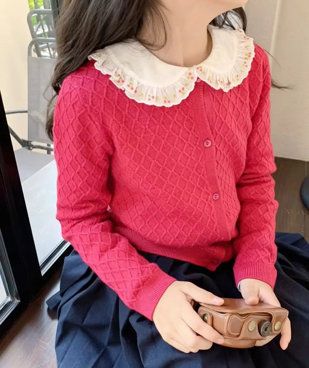 

spring 2026 baby clothes kids girls coat Full Wool Herringbone Wine Red Wool Cardigan Skin-friendly and warm sweater knitwear