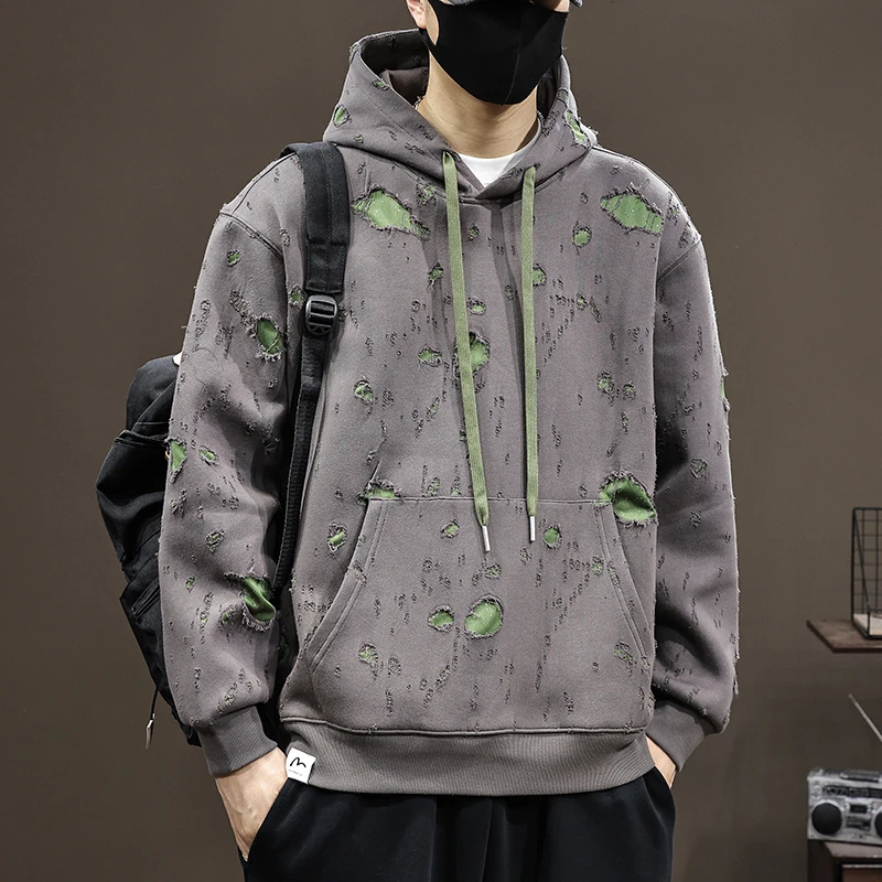 Broken hole hoodie men's 2024 autumn and winter new high-end trendy fashion design loose oversized casual loose hooded shirt