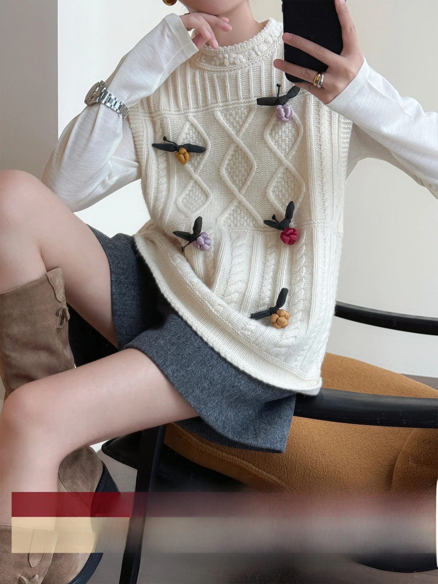 

Жилет WANGER из чистой шерсти с ромбовидным узором и льняной текстурой, мягкий, теплый, в стиле ретро, универсальный, для многослойных образов, женский, деловой, повседневный, F...