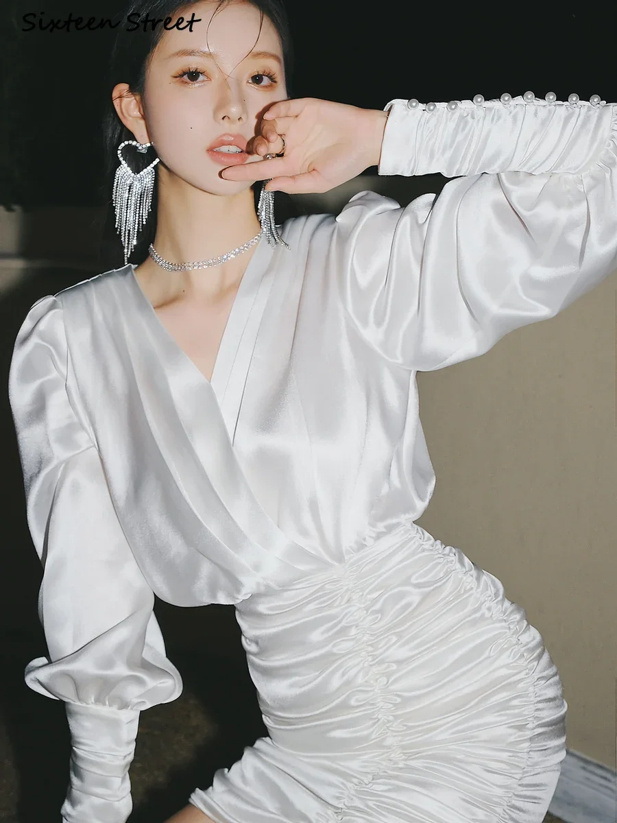 New White Dress Women Satin Shirring V-neck Elegance Mini Party Dresses Female Vestido Runway Long-sleeve Clothing Spring