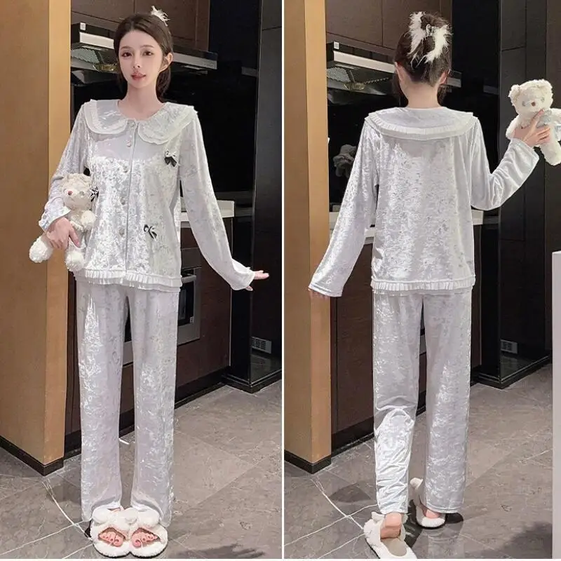 ホットな新作レディース肌に優しい快適なパジャマ2025キュートなドールカラー秋冬高級ファッションホームファニッシングセットギフト
