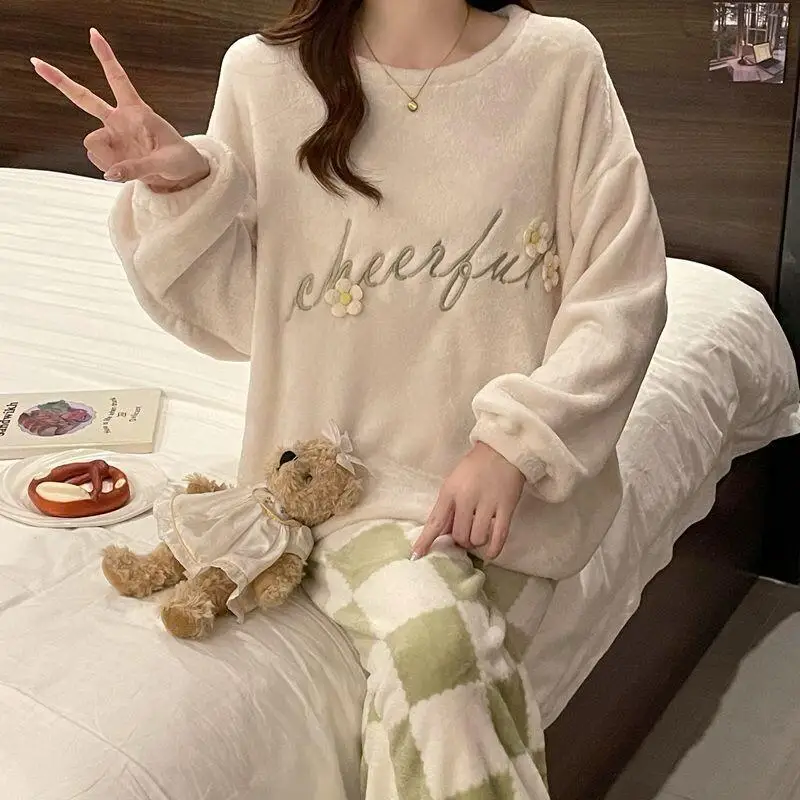 

Women's Pajamas Sleepwear Cotton Pajama Set Homewear Autumn Winter Thickened Warm Flannel Sweet Internet Famous Style Home Suit