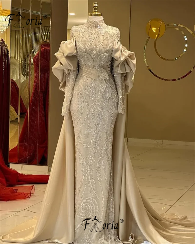 Luxury Champagne Beaded Mermaid Wedding Event Dress with Cape Sleeve Customized Elegant Dubai Women Formal Evening Gowns Gala