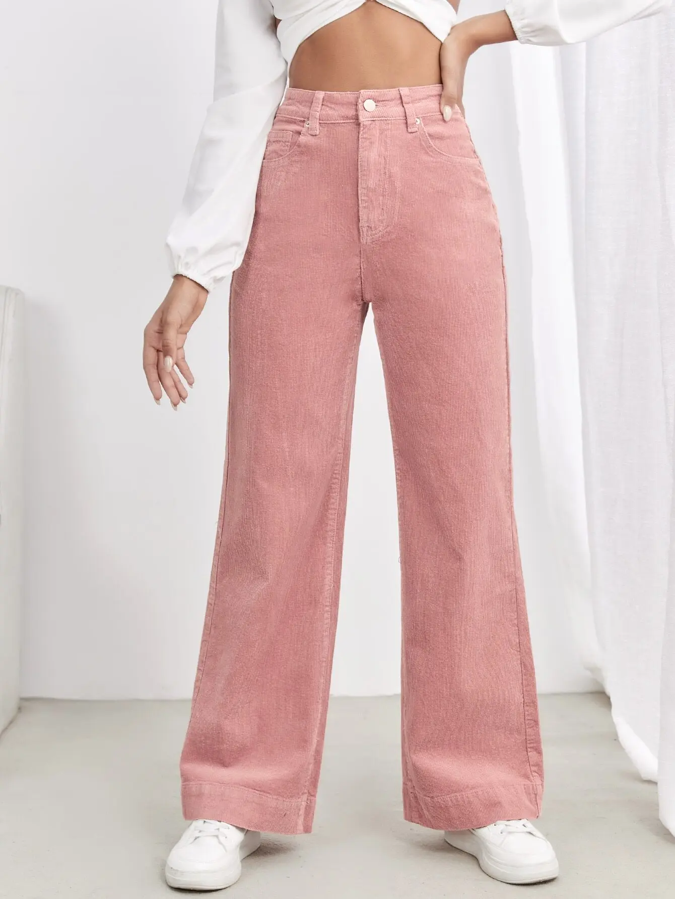

High Waist Wide Leg Corduroy Pants in Dusty Pink for Casual Wear