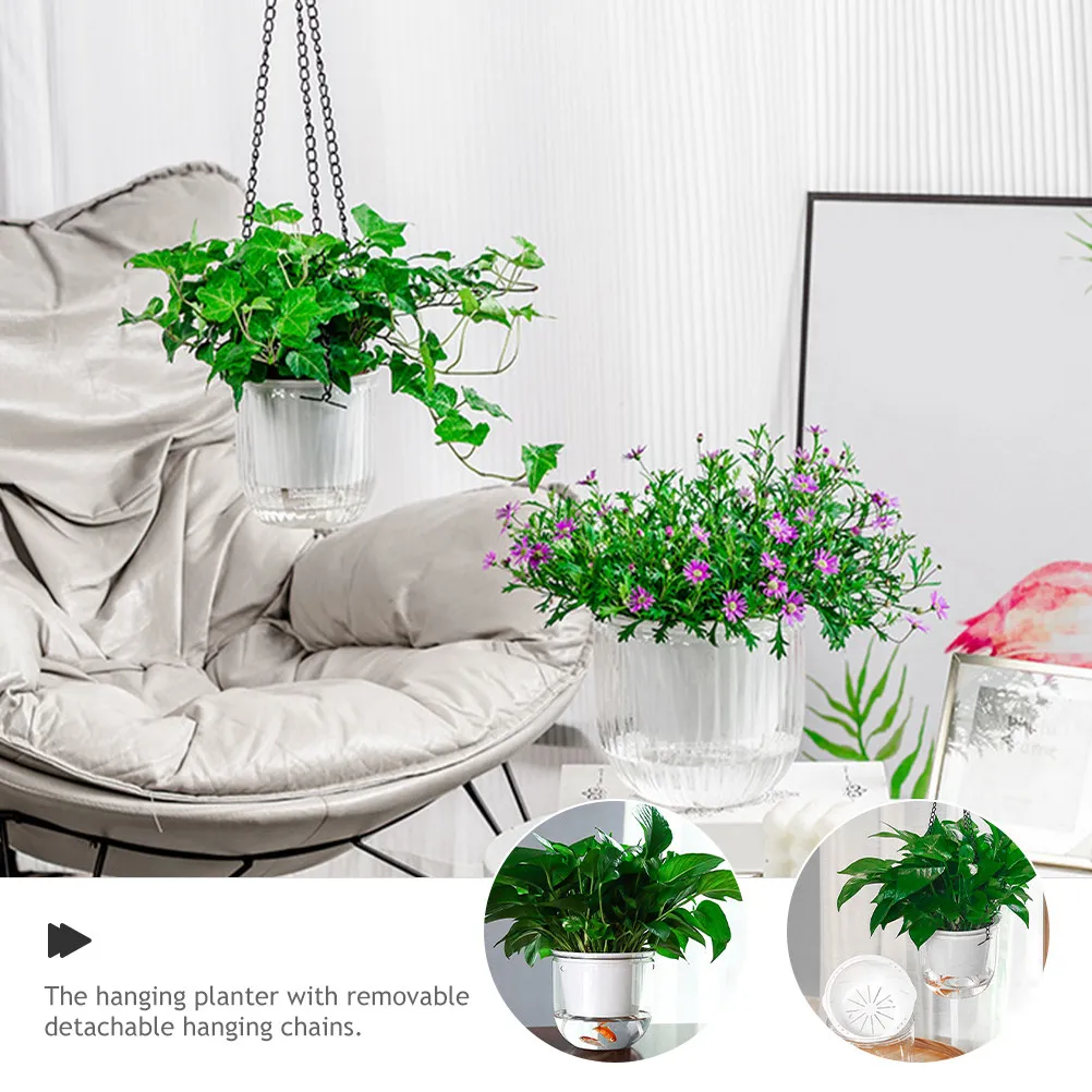 2Pcs Resin Self-Watering Hanging Planter Indoor Outdoor Dual-Use with Cotton Rope Wick Drainage System Transparent Water Level