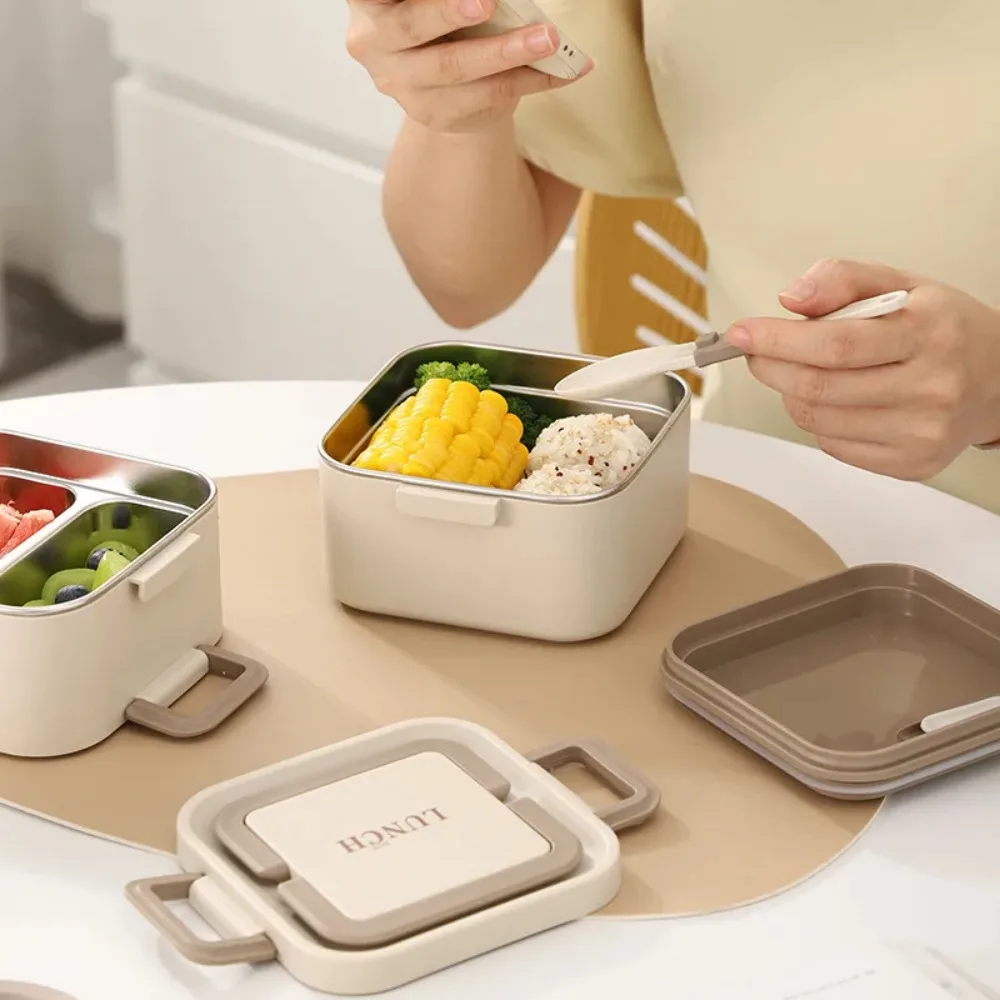 

304 Stainless Steel Square Lunch Box with Spoon Leakproof Lunch Container Detachable Airtight Lid Food Storage Box Kitchen