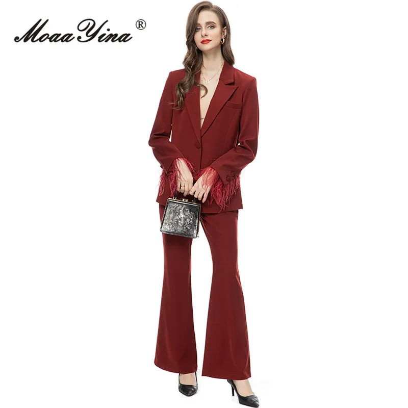 MoaaYina Autumn Fashion Designer Black Temperament Pants Set Women's Lapel Tassels Slim Suit Coat+Straight Trousers 2 Piece Set