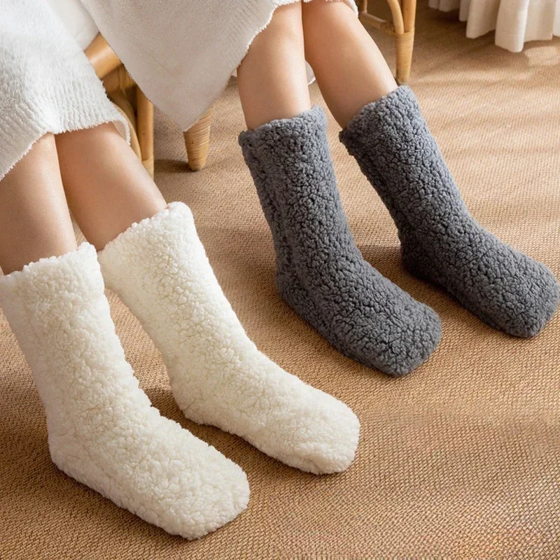 1-4Pairs Fleece Lined Winter Floor Socks Thick Warm Anti Skid Home Slipper Socks for Women Adult Snow Socks Non Slip