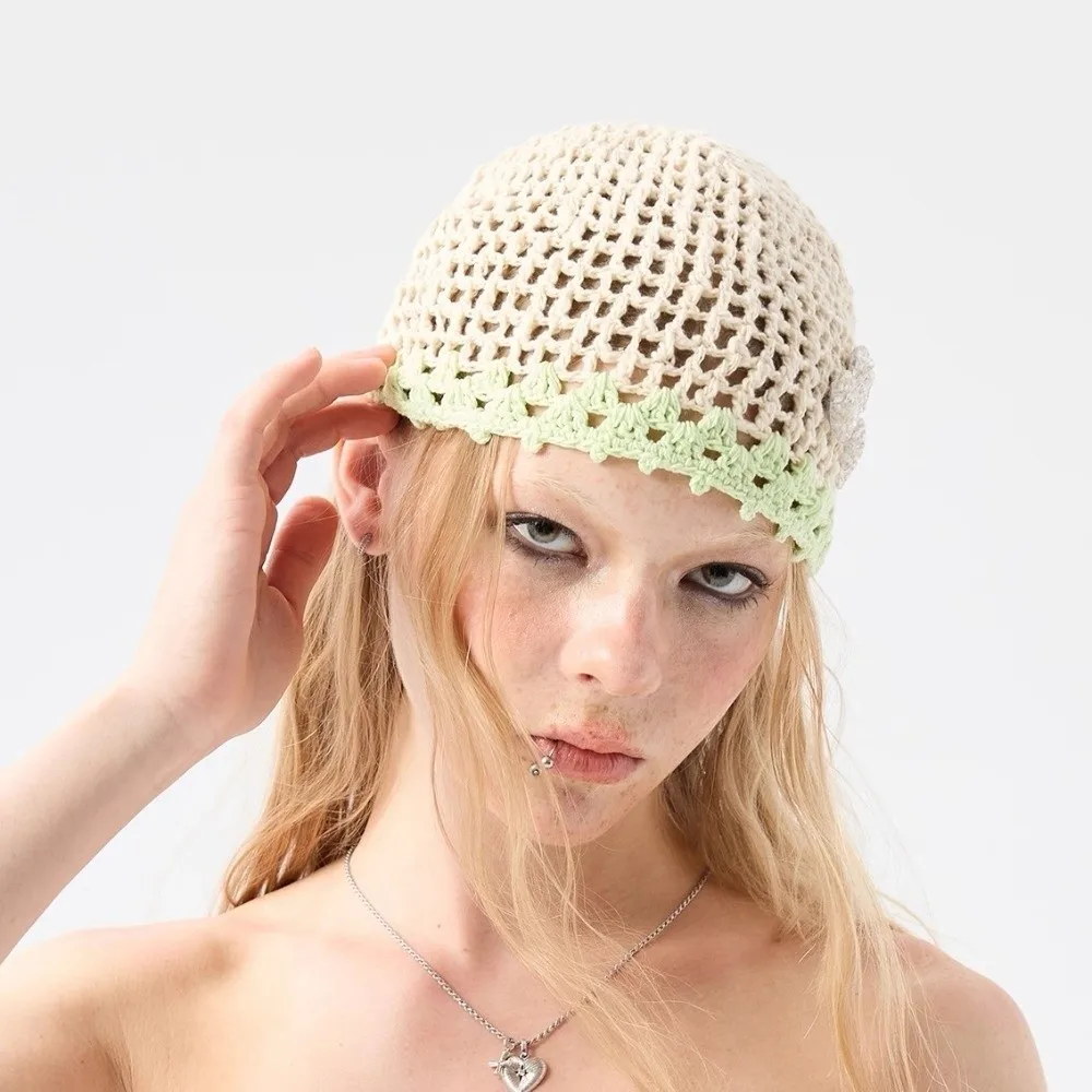 

Fashion Handmade Crochet Flower Hat Thin Korean Hollow Out Knitted Hat Bohemian Style Ethnic Style Weave Cap Girls