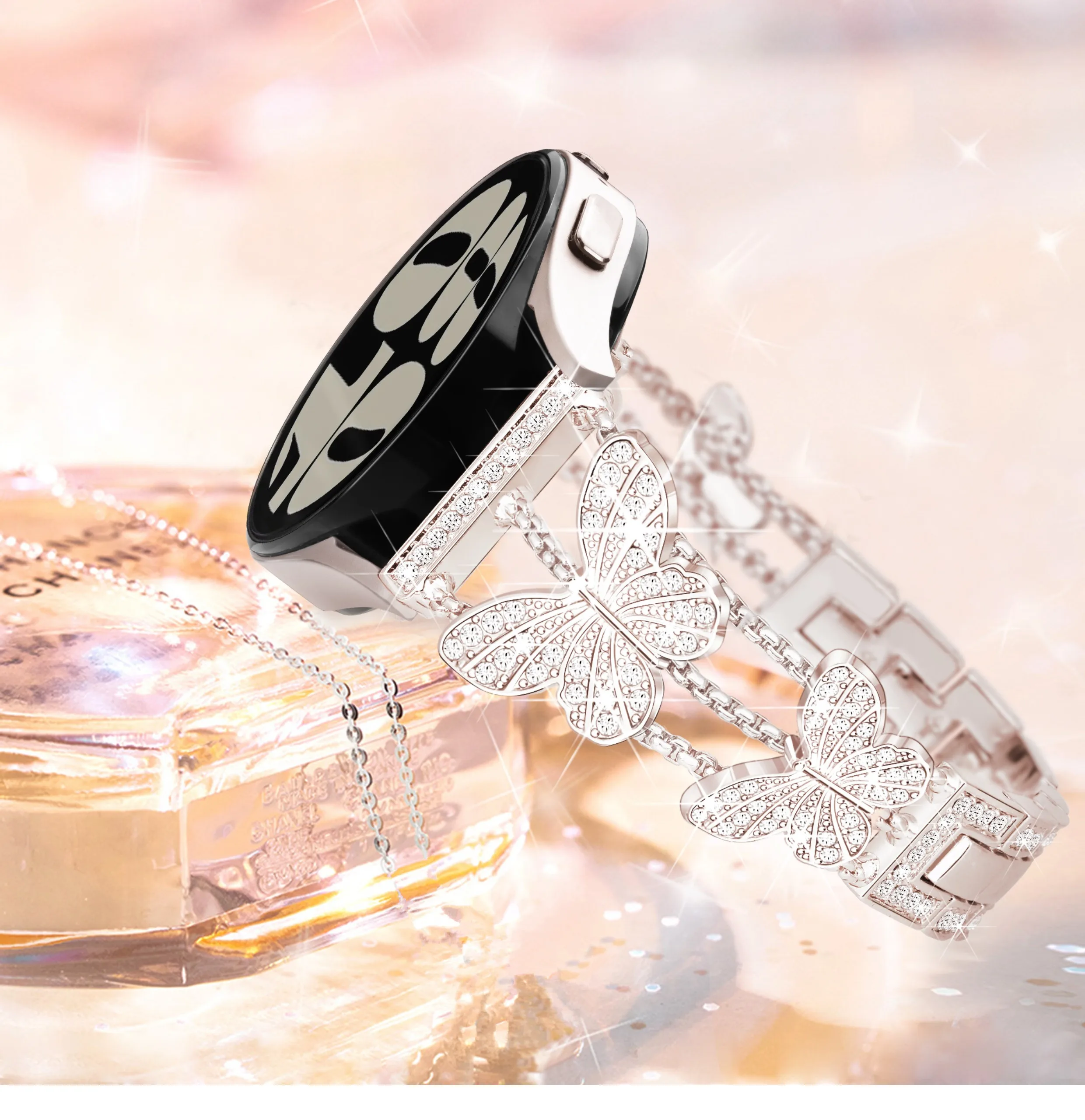 22mm Metal Butterfly Watch Strap For Samsung Galaxy Watch 3 45mm 46mm GearS3 Watchband Woman Fashion Rhinestone Bling Alloy Band