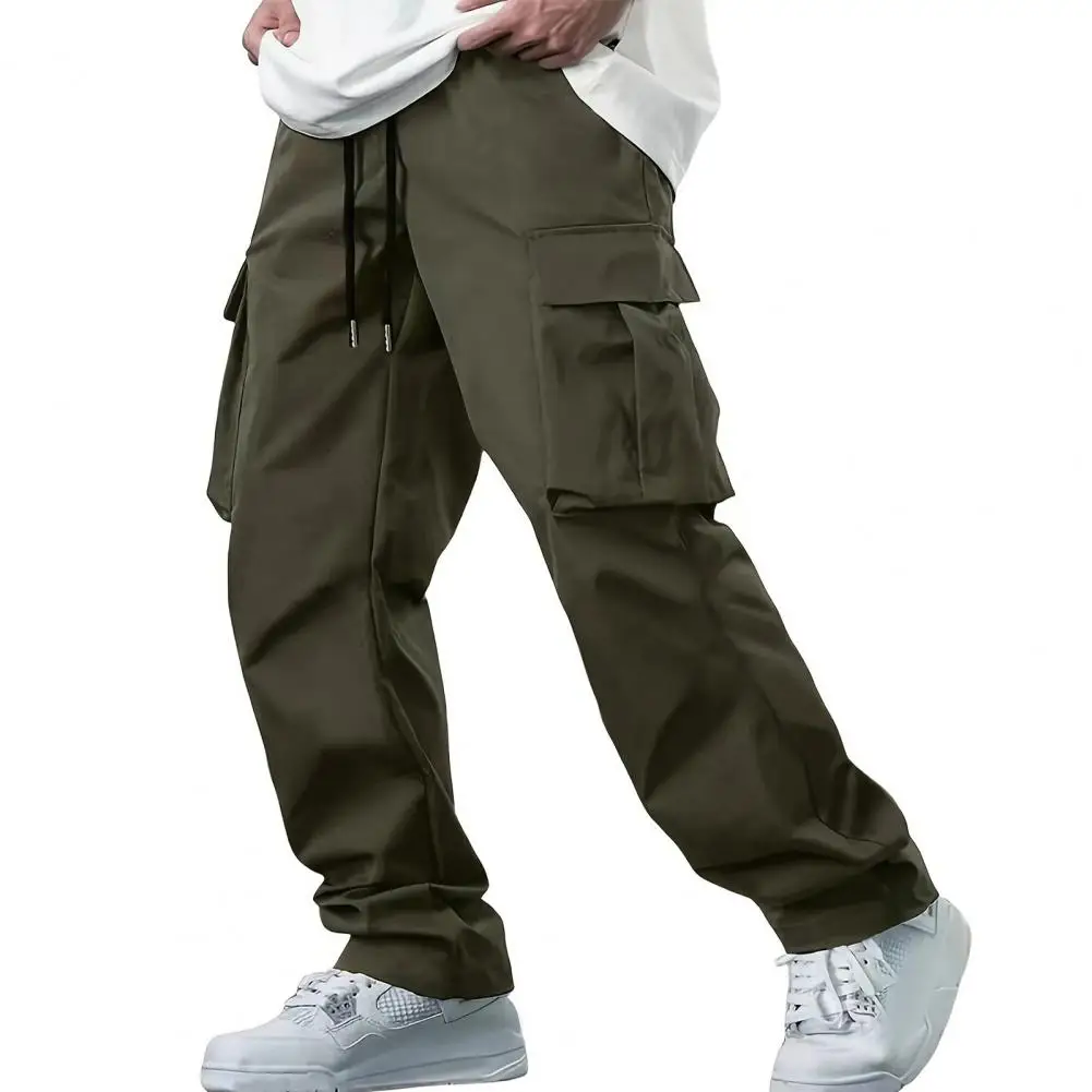 Hot Selling Solid Color Casual Men's Casual Loose Straight Tube Workwear Drawstring Multi Pocket Outdoor Long Leisure Trousers