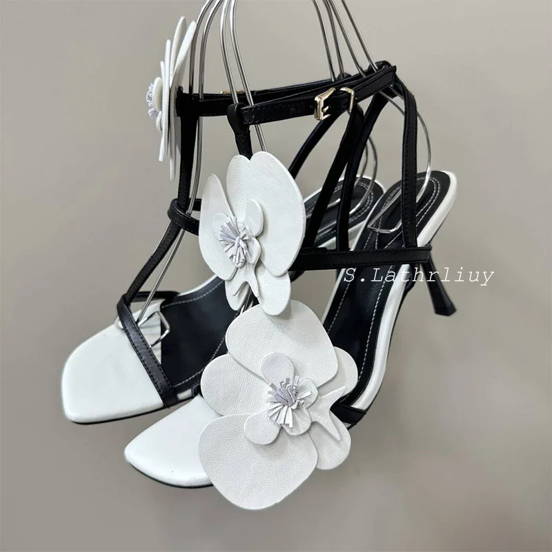 Summer Open Toed Genuine Leather Narrow Band Ankle Strap Sandals Women's Floral Design Thin Heel Sandalias Banquet Dress Shoes