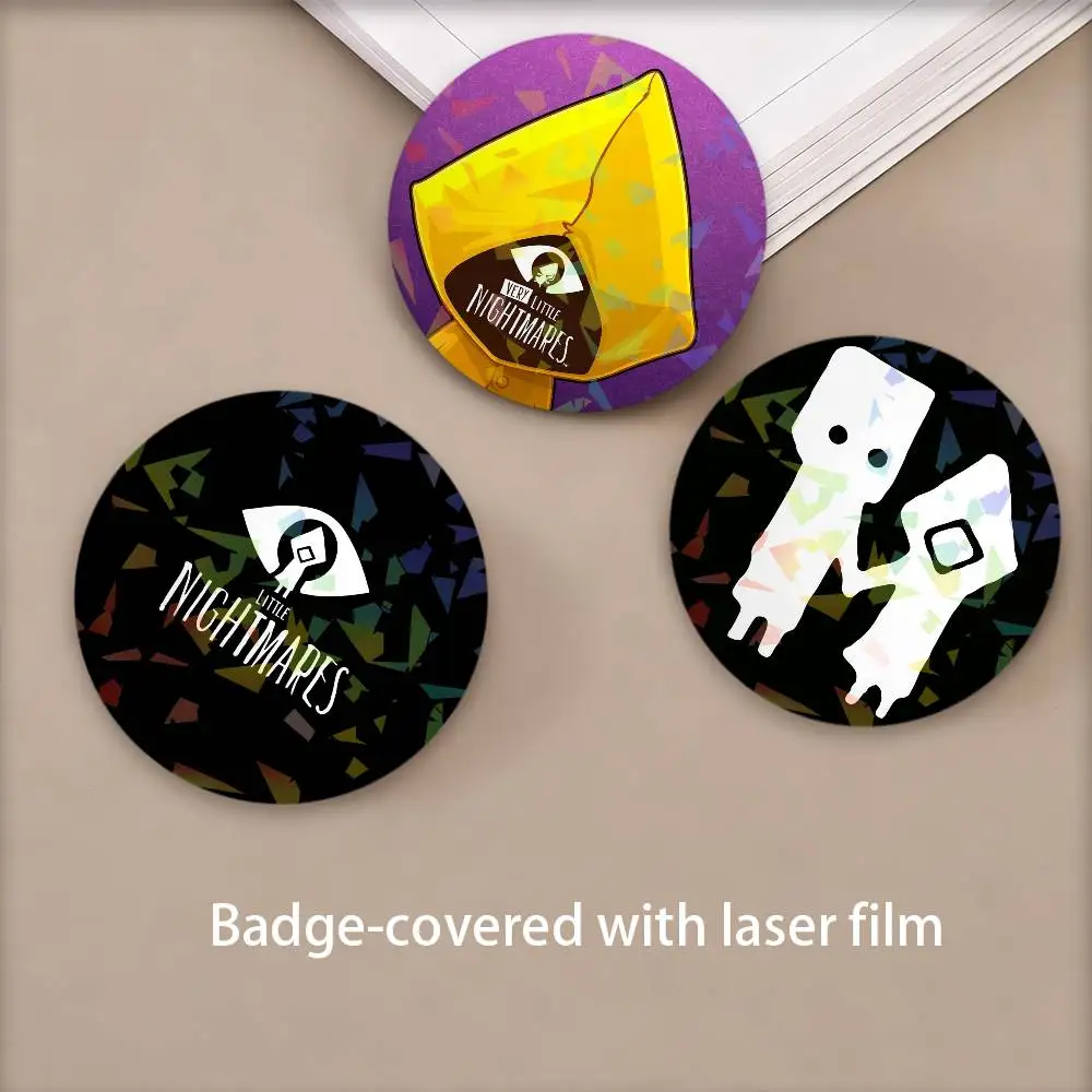 Cartoon Anime L-Little Nightmares Round Badge Lapel Pins for Backpacks Briefcase Laser Brooch Clothes Gifts