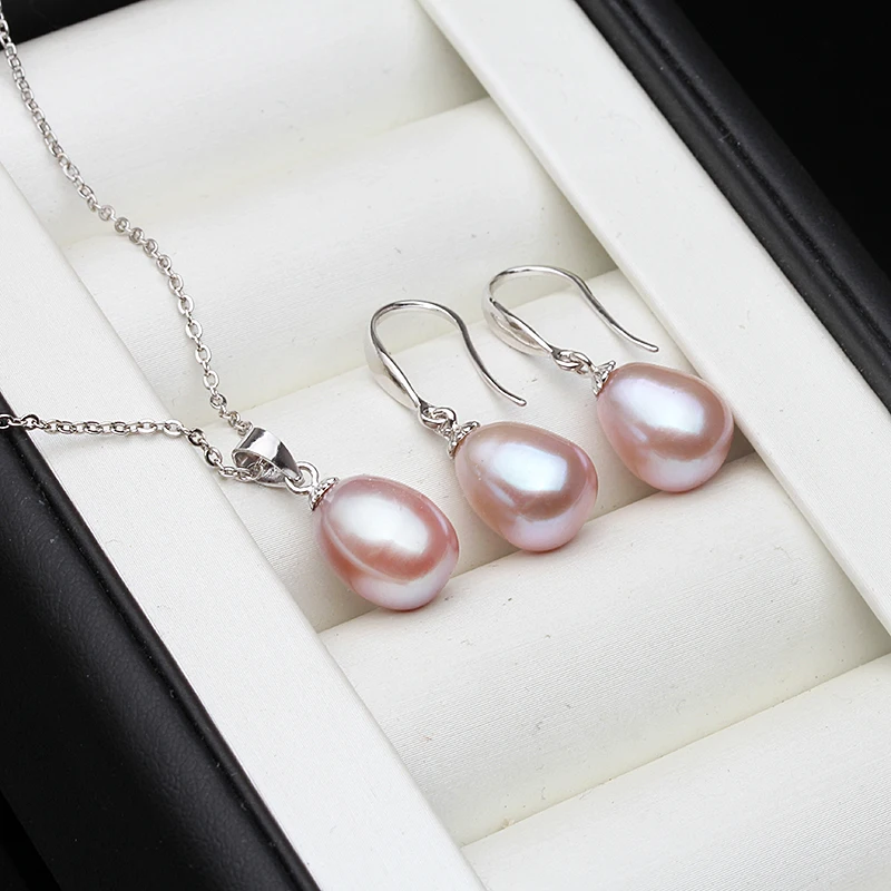 Bridal Natural Freshwater Pearl Earrings And Necklace Set,925 Silver Pearl Jewelry Set Wife Mother Gift White Pink Black view 4