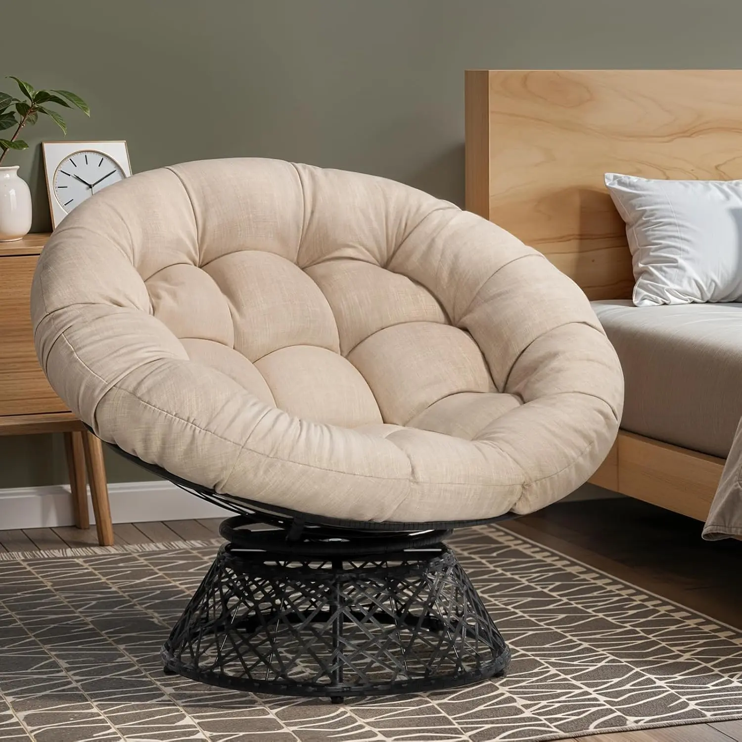 

40' Ergonomic Wicker Papasan Chair, Soft Thick Cushion, Steel Frame, 360° Swivel, Sepia Sand - Black Base