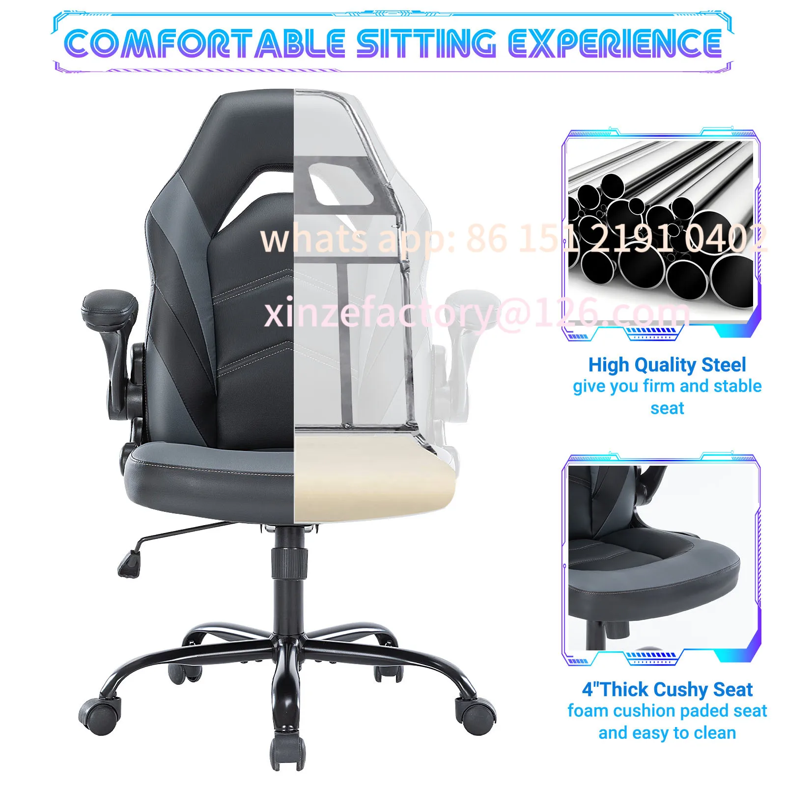 Silla de escritorio para juegos en casa, ergonómica, personalizable, JHK, para ordenador de oficina, silla de carreras de cuero PU ajustable, reposabrazos abatible para Navidad