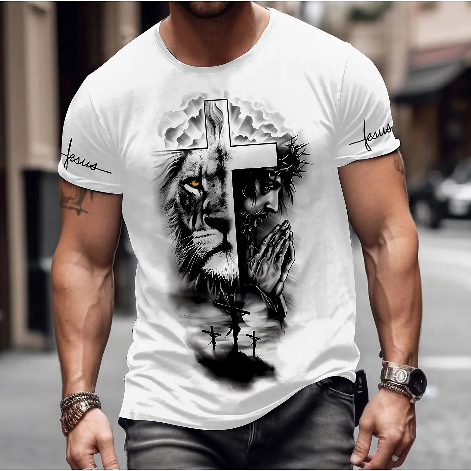 

Funny 3D Lion Print T Shirt For Men Fashion Cross Jesus Pattern Oversized T-shirts Casual O-neck Short Sleeve Summer Street Tees