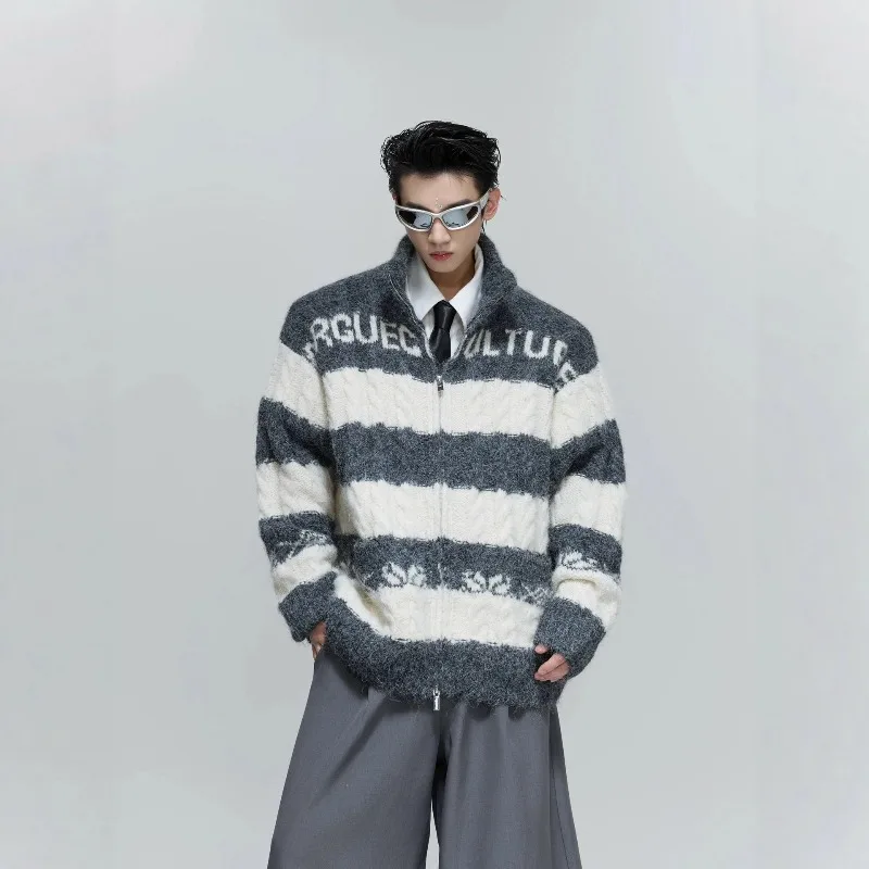 

New Men's Contrasting Striped Double Zipper Stand Up Collar Lazy Knitted Cardigan American Fashion Cool Street Y2k Warm Jacket