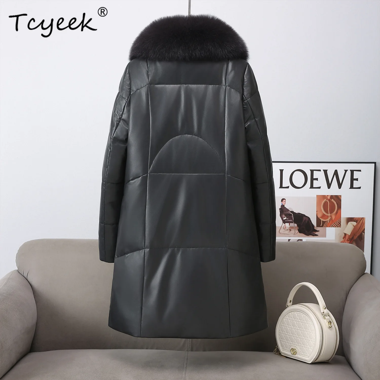 Tcyeek جلد الغنم الحقيقي جلد طبيعي أسفل سترة النساء الملابس الشتوية الثعلب الفراء طوق الدافئة أوزة أسفل معطف المرأة معاطف 2025