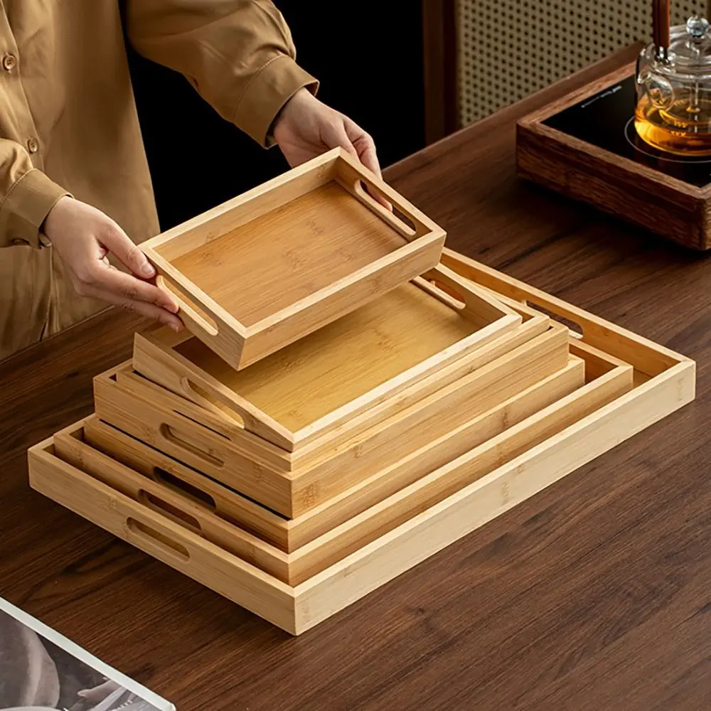 Decorate Tray Rectangular Bamboo Wooden Tray Walnut Color With Handle Food Storage Trays Dessert Pallet Bathroom