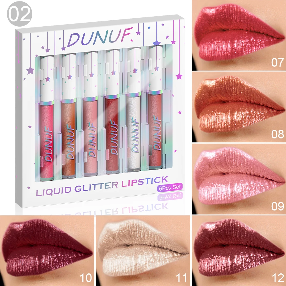 DUNUF-Juego de brillo de labios con purpurina, 6 uds., belleza para mujer, tinte de labios brillante de diamante, resistente al agua, lápiz labial líquido de larga duración, cosméticos, maquillaje