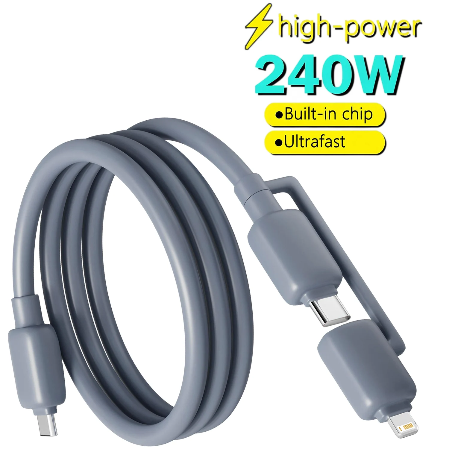 1-to-2 Data Cable 240W Super Fast Charging Cables Zinc Alloy PD 4-in-1 Multi PD Type C to Lightning Type C for Phone Tablet