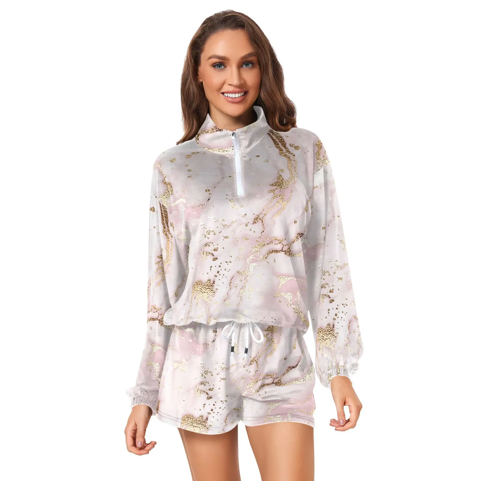 

Fashion Sporty Sweatsuits Ladies Two-piece Marble printing Zippered Cropped Hoodie and Shorts Suit Sportswear for Women