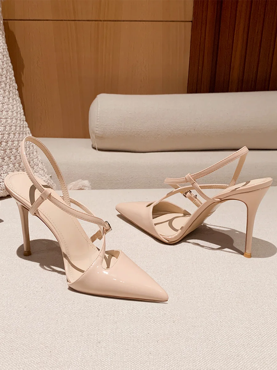 

High heeled sandals for women in spring, French style 12CM nude color, single toe with toe cap, high heels, slim heels