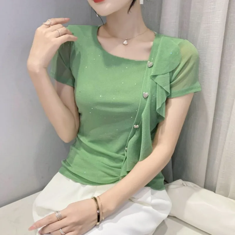 

#5116 Black Green Mesh T Shirt Skew Collar Ruffles Short T Shirt Female Short Sleeves Buttons Thin Basic T-shirt Streetwear Tee