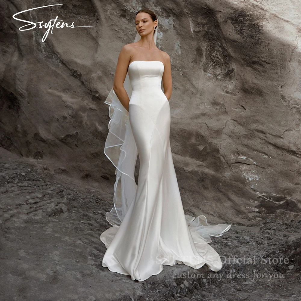 

SSYTENS Customized Simple Strapless Wedding Dresses Sleeveless Bridal Growns Lace Up Back Satin Mermaid Sweep Vestidos De Novia