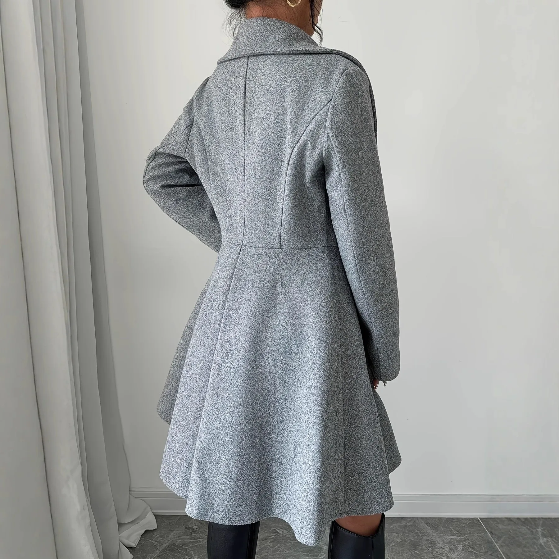 Button Detail Cape Long Sleeve Long Length Chic Professional with Autumn Regular Sleeve Notched Lapel Patchwork Women Coat