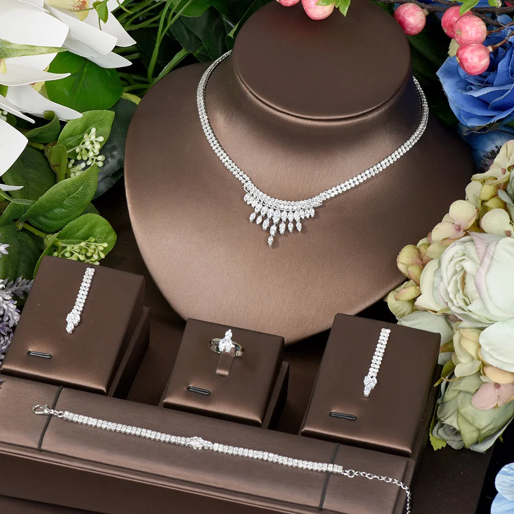 HIBRIDE New Style CZ Crystal Elegant Women Party Leaf Necklace And Earrings Set For Dubai Nigeria Brides Wedding  Jewelry N-1460