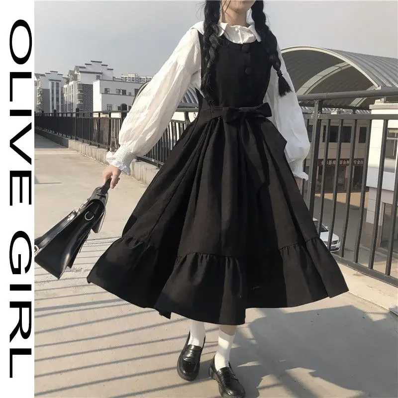 2021 Summer Maxi Dresses Shirts For Women Casual Kawaii Fairy Clothes Long Sleeve Strap Dress Lolita Harajuku Cottagecore Robe