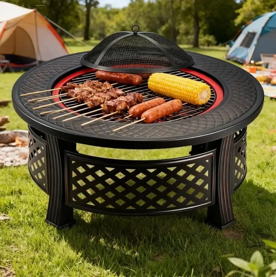 Black Stainless Steel Outdoor Fire Pit Table Charcoal BBQ Grill Ice Bucket Patio Heater Wood Burning Portable
