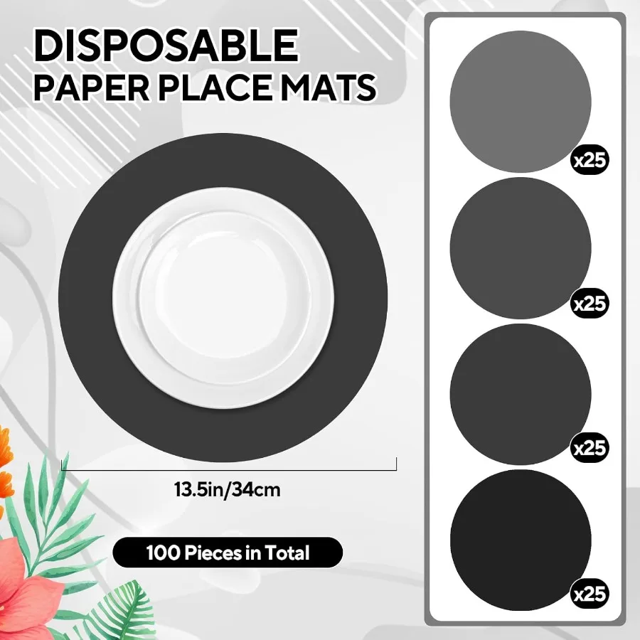 100 Uds. Manteles Individuales de papel negro, manteles individuales redondos de 13,5 pulgadas, manteles desechables con gradiente para fiesta de cumpleaños, boda, Baby Shower