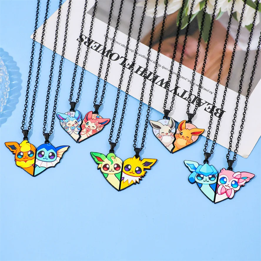 1Pair Cute Pokémon Eevee Couple Necklace Set Interlocking Heart Puzzle Pendant Matching Love Gift for Anime Jewelry Couples BFF