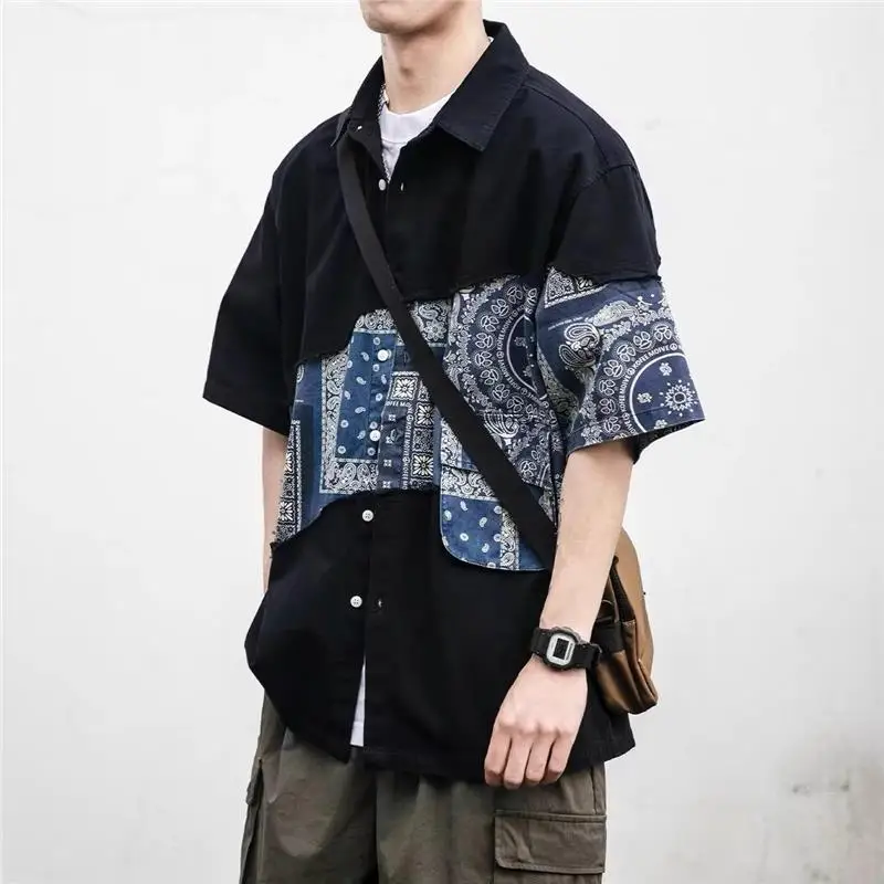 

Loose Fit Spring Summer Shirt Men Women Casual Splice Design Breathable Moisture Wicking Short Sleeve Button up Fashionable