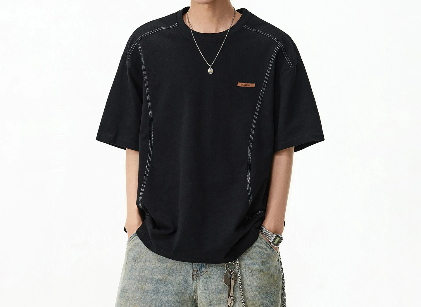Contrasting Color Bright Line Three-dimensional Division Pure Cotton Short-sleeved T-shirt Men's Summer High-end Half-sleeve