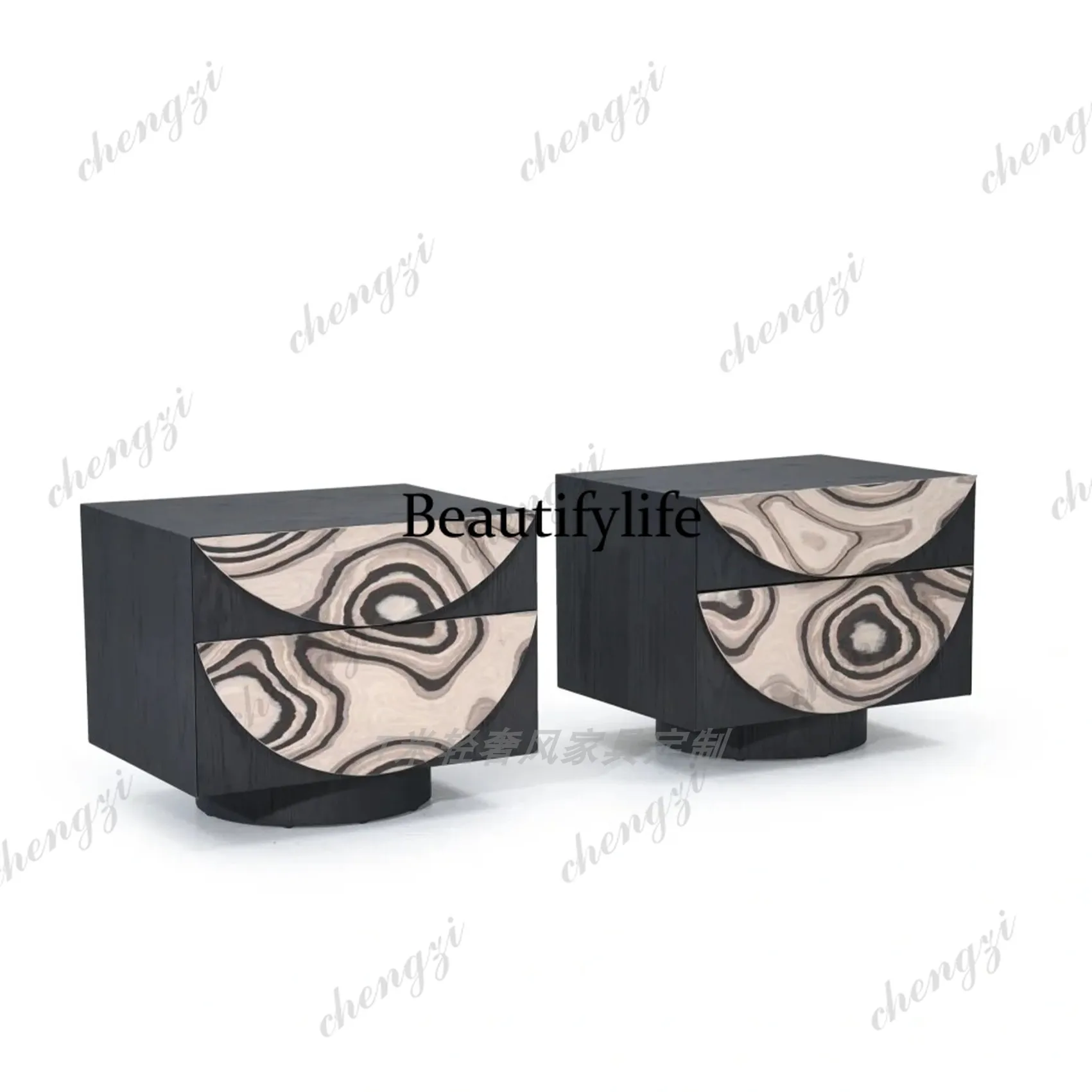 Modern minimalist bedside table, square abstract pattern storage cabinet, living room, hotel entryway decorative cabinet