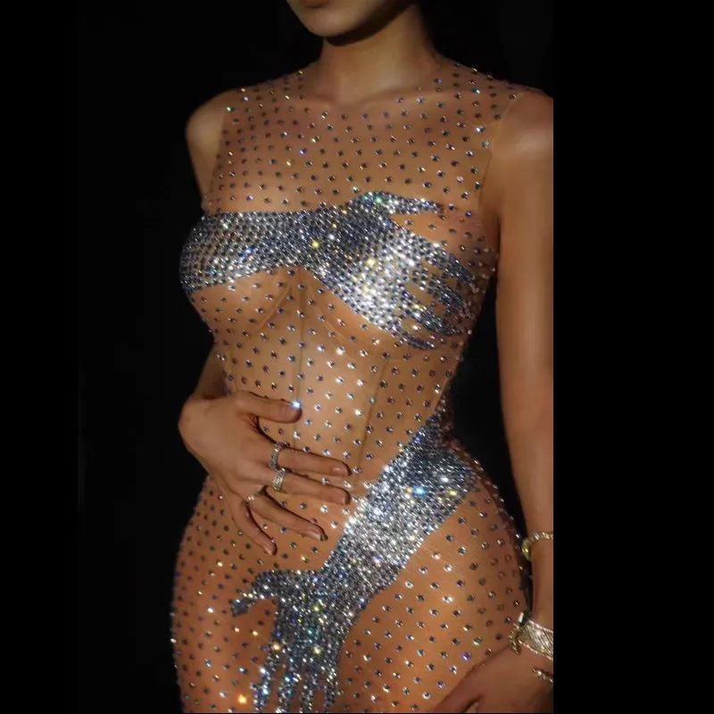 

Sexy Transparent Mesh Rhinestones Short Dress Club Nightclub Bar Women Singer Stage Wear Party Show Concert Performance Costume