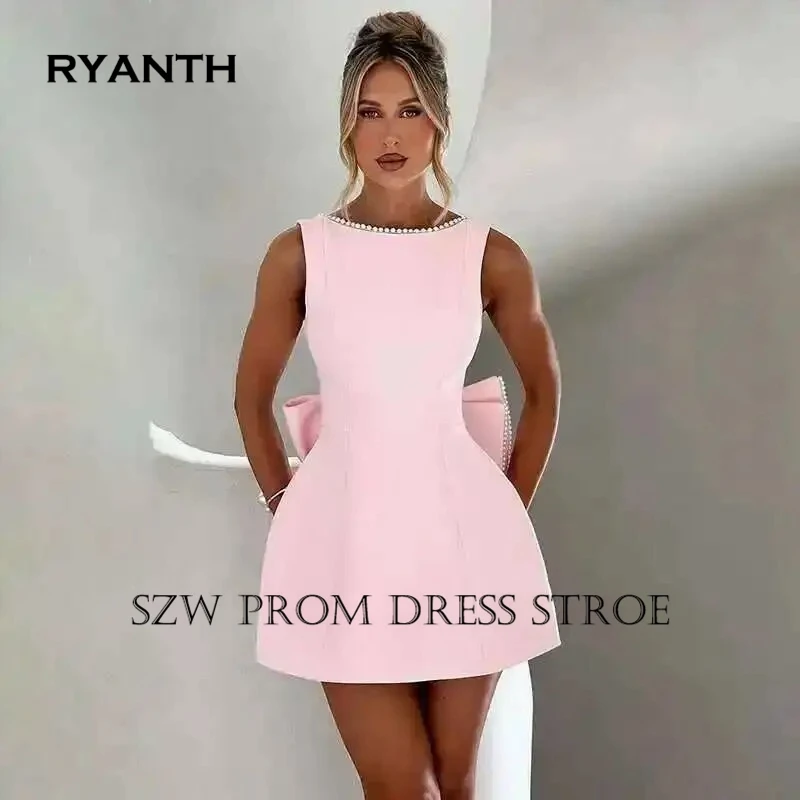 RYANTH Customized Sleeveless Stain Pearl Short Prom Homecoming Dress Big Bow A-Line Backless Mini Cocktail Party Gown