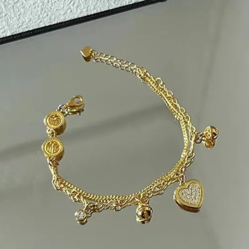 ANENJERY-pulsera con colgante de circonita de corazón de amor de Color dorado, cadena de doble capa, encanto, joyería para el Día de San Valentín, regalos para amantes de las mujeres