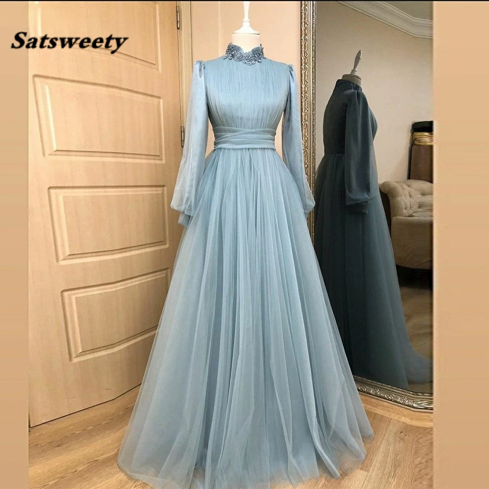 

Light Blue A-Line Muslim Prom Dresses High Neck Lace Tulle Long Sleeve Wedding Guest Formal Party Evening Gowns 2024